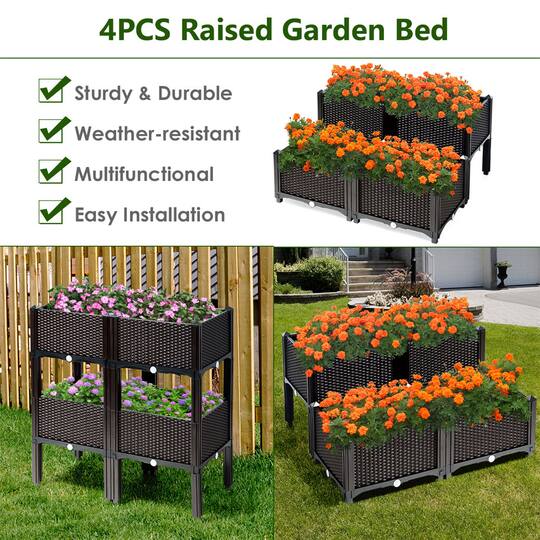 Costway 16" x 17.5" Black & Brown Raised Garden Planter Boxes, 4ct.